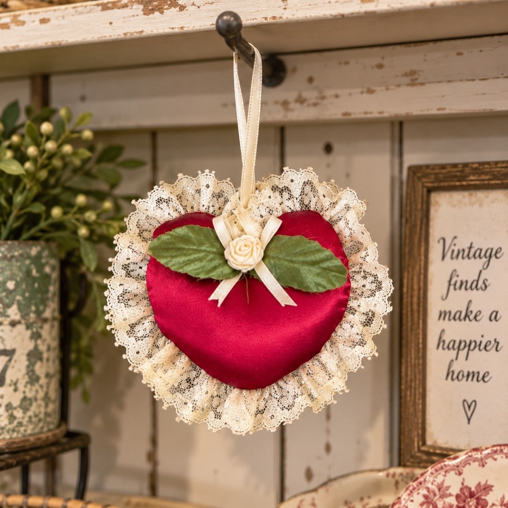 Vintage Red Satin Lace Heart Ornament Victorian Style Valentine Rosette Decor